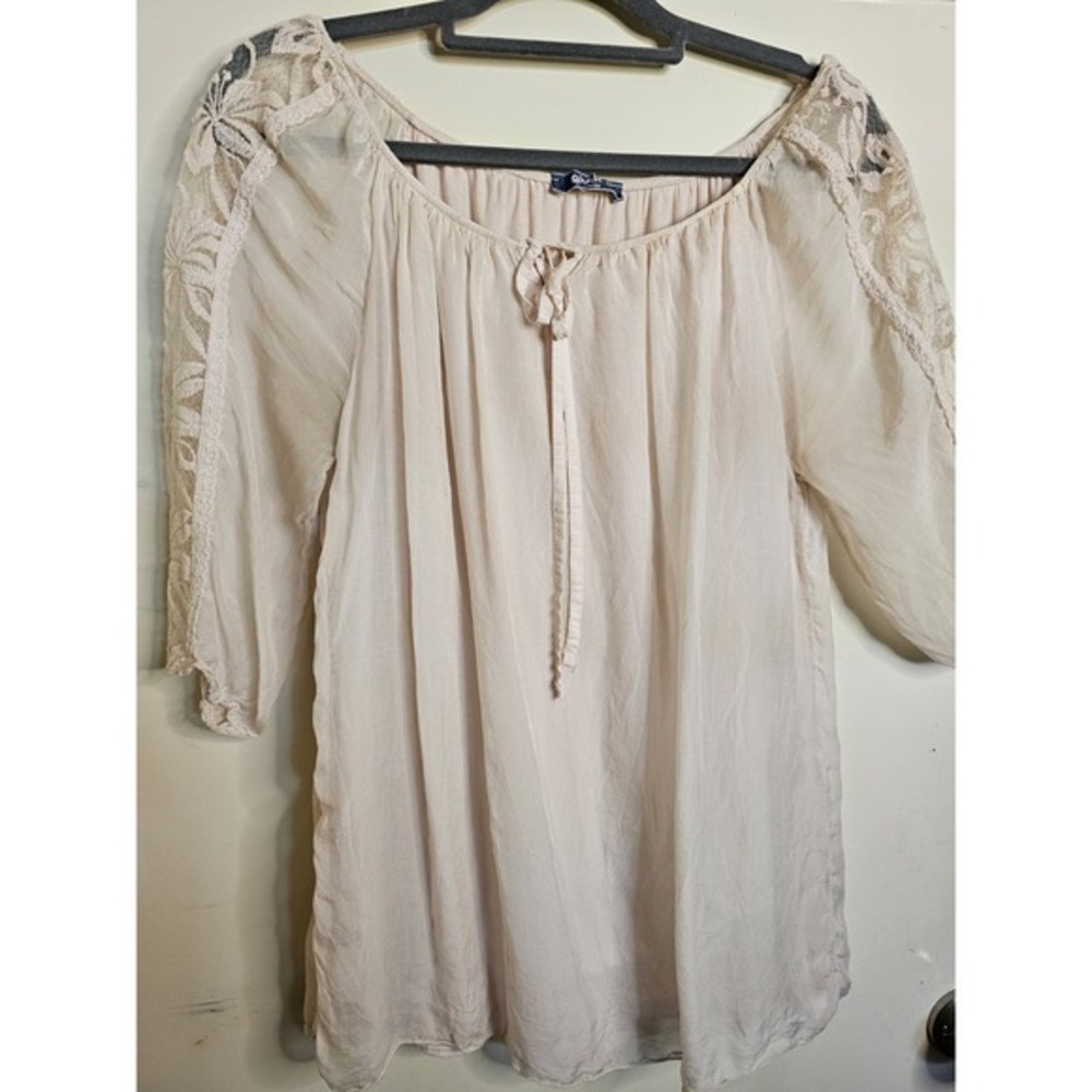 Giulia Silk Womens Blouse Boho Layered Lace Trim Medium Light Pink‎ Top Italy